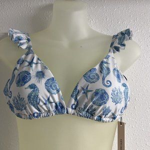Women AQUA Swim Ruffled Printed Bikini Bra Blue sea Life Top B4HP